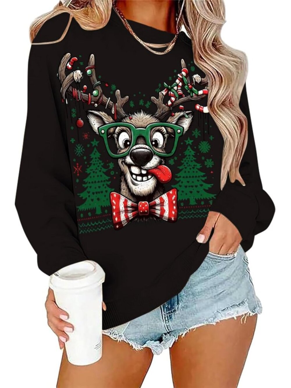 Funny Oversized Ugly Christmas Sweater for Women - Reindeer Graphic Holiday Top